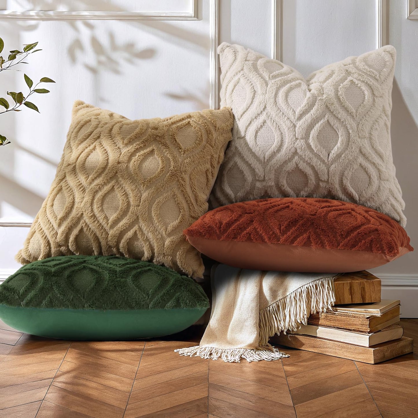 decorUhome Fall Throw Pillow Covers 18x18 Inch Set of 2, Soft Plush Faux Wool Beige Solid Couch Pillow Covers, Accent Farmhouse Neutral Square Pillow Cases for Sofa Bed Living Room