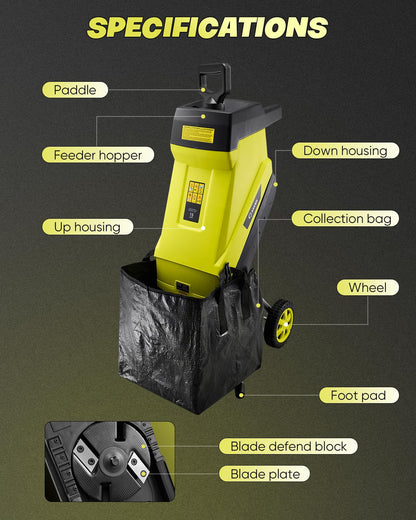 Saker Electric Wood Chipper Shredder 15-Amp Corded 1.8inch Cutting with Collection Bag Double-Sided Blade for Cutting Branches, Clippings, Yard Debris SK-TC110A