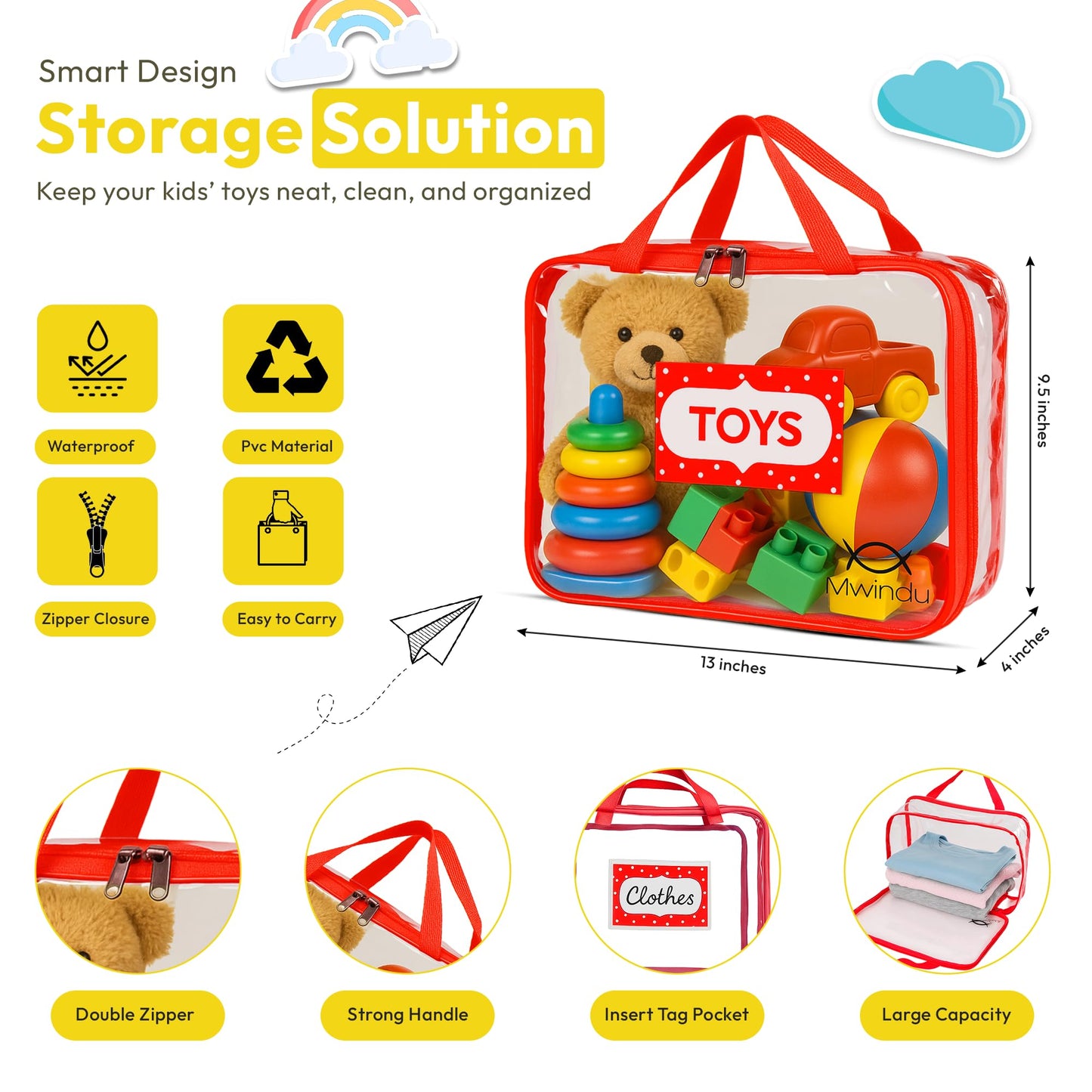 6 Pack Extra Large Toy Storage Bags with Labels – Clear Waterproof Reusable Organizer Bags with Zipper & Handles for Playroom, Kids Room, Books, Puzzles & Games