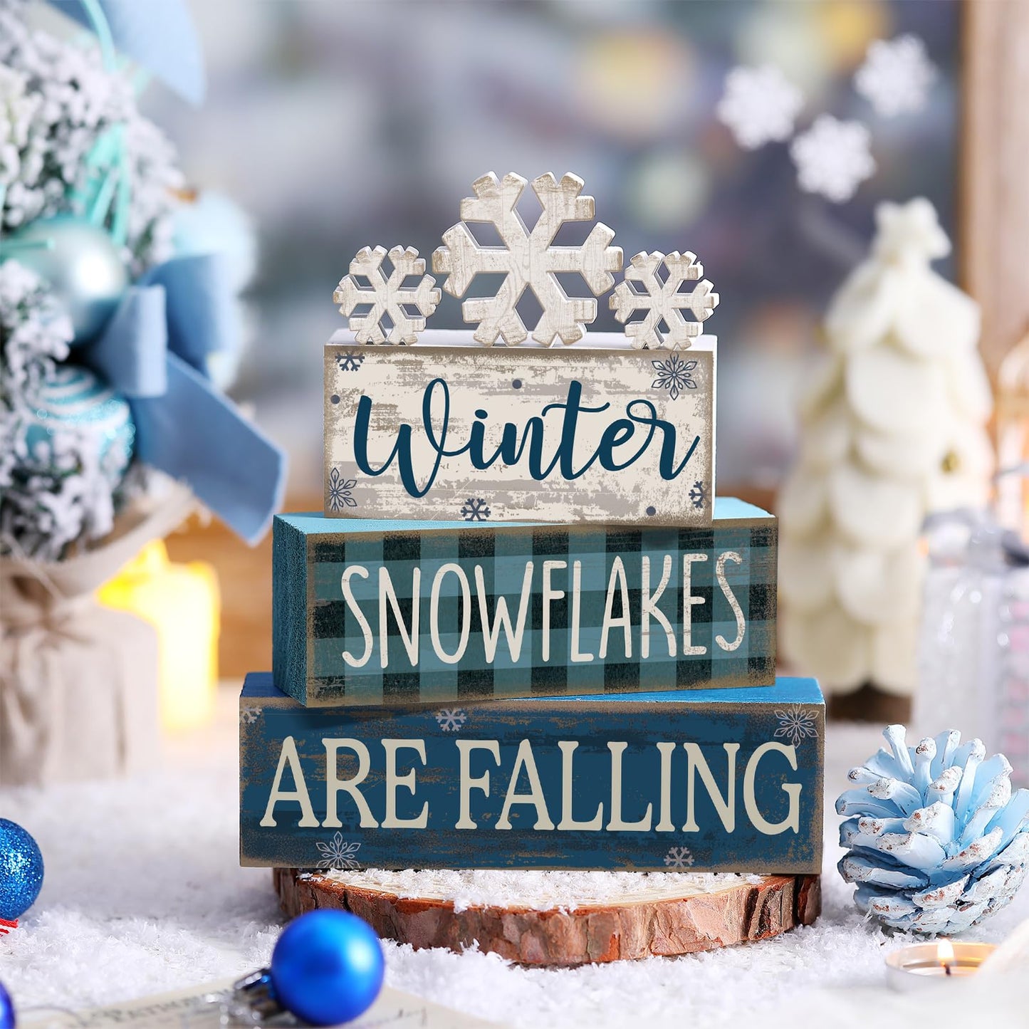 Yuntau 6 Pcs Winter Snowflakes Table Decorations Christmas Snowflake Centerpieces for Tables Winter Tiered Tray Decor Rustic Wood Snow Sign Farmhouse for Wonderland Party Kitchen Shelf Home