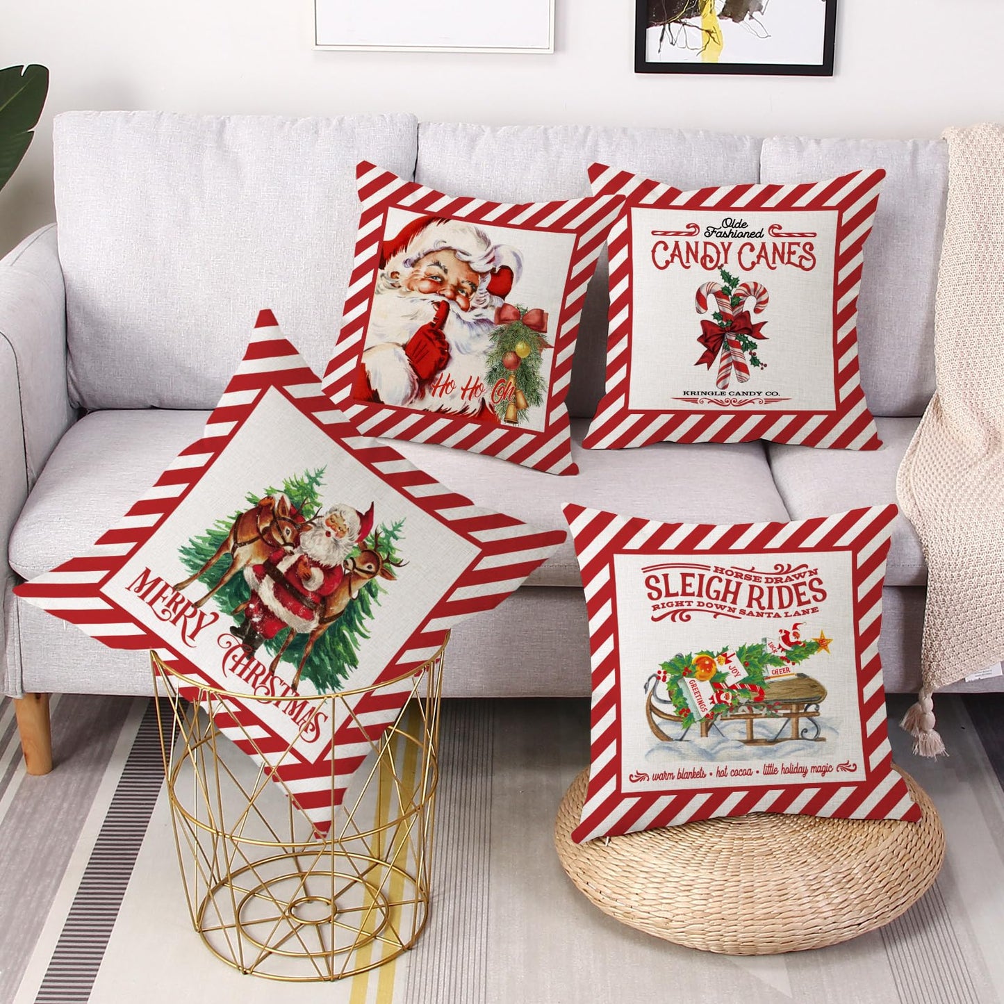 Coeufuedy Christmas Pillow Covers 18x18 Set of 4 Candy Canes Elk Santa Claus Sleigh Rides Winter Holiday Decoration Cushion Case for Sofa Couch Home Decor