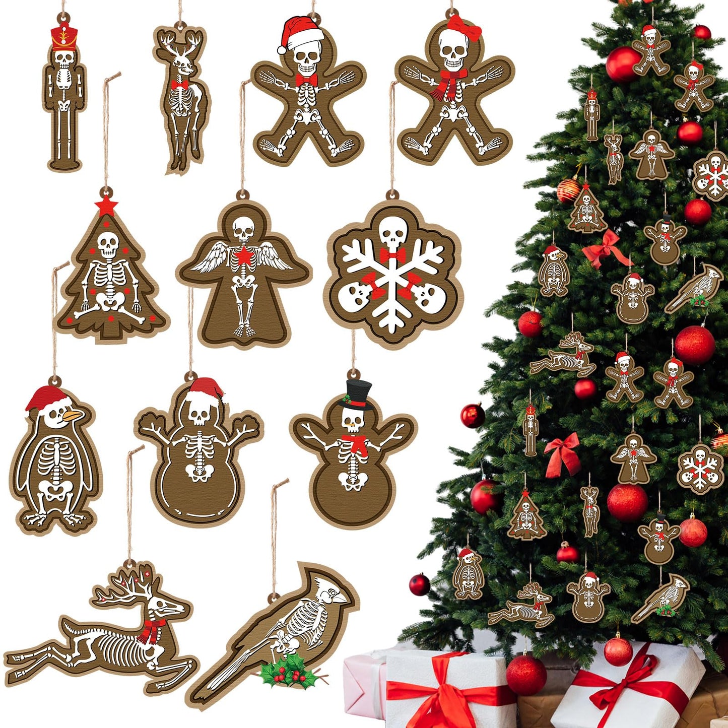AceOrbit 24 Pcs Gothic Christmas Ornaments Skeleton Gingerbread Christmas Tree Decorations Gothic Skull Lamination Wooded Hanging Xmas Decorations for Holiday Halloween Party Supplies