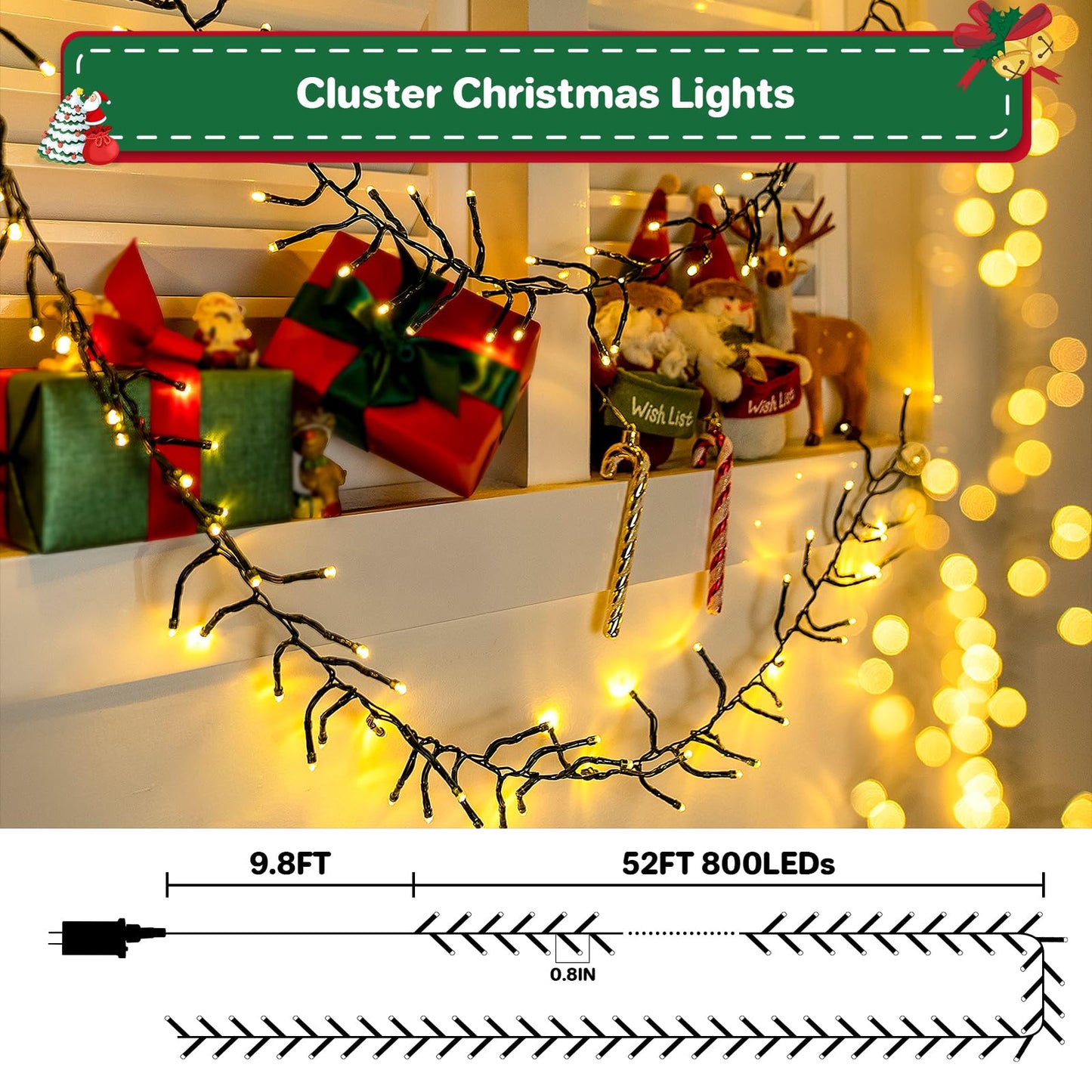 Christmas Cluster Lights Plug-in -52FT 800 LED Firecrackers String Lights,8 Modes Timer Waterproof Twinkle Fairy Lights for Christmas Tree Garland Party(Warm White)