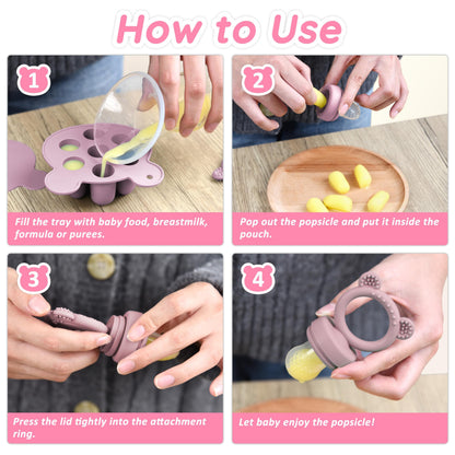 LittlesJoy Silicone Baby Fruit Feeder & Freezer Tray Set, Baby Breast Milk Popsicle Mold for purees, Baby Teething Relief for Toddler BPA Free for 3 Month+, Additional Silicone Pouches (Dusty Lilac)