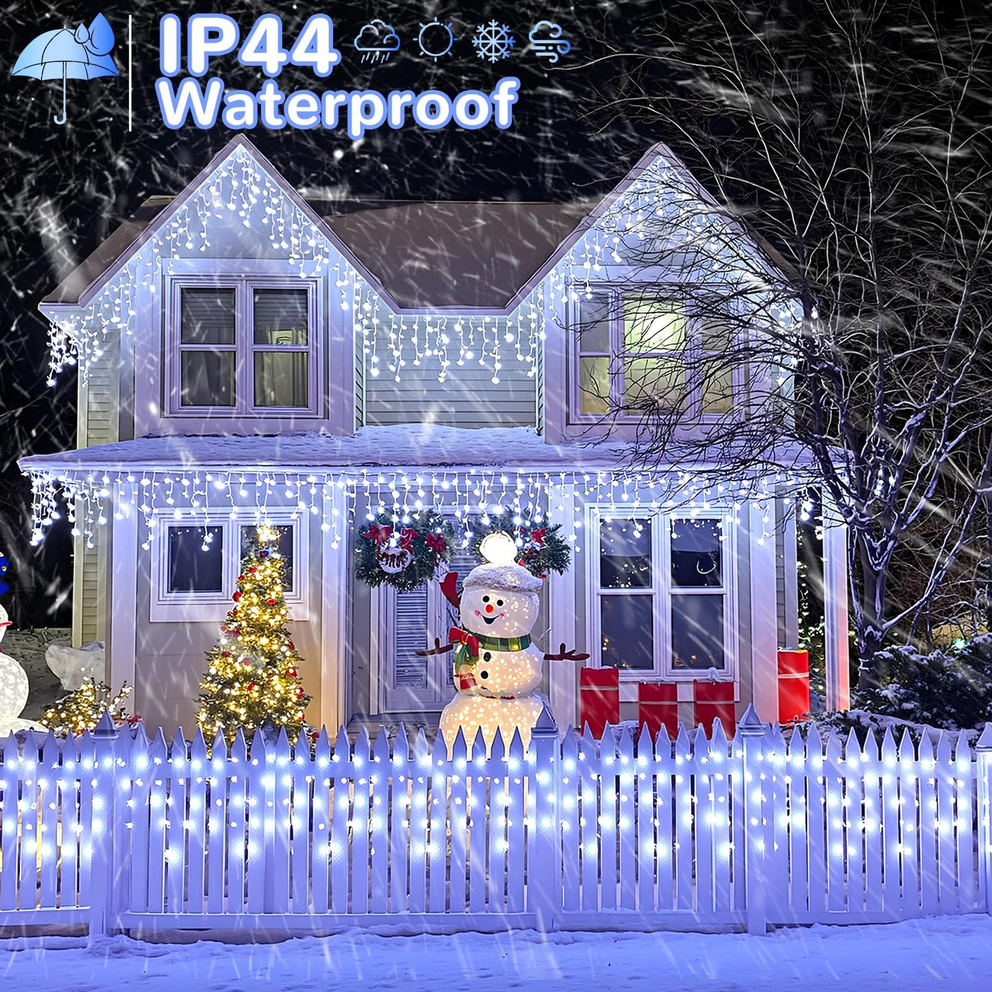 White Christmas Lights Outdoor, 66ft 640 LED Icicle Lights for Outside House with Connectable Clear Wire 8 Modes Timer, Plug in Waterproof for Home Holiday Eaves Yard Roof Party Room Indoor Decoration