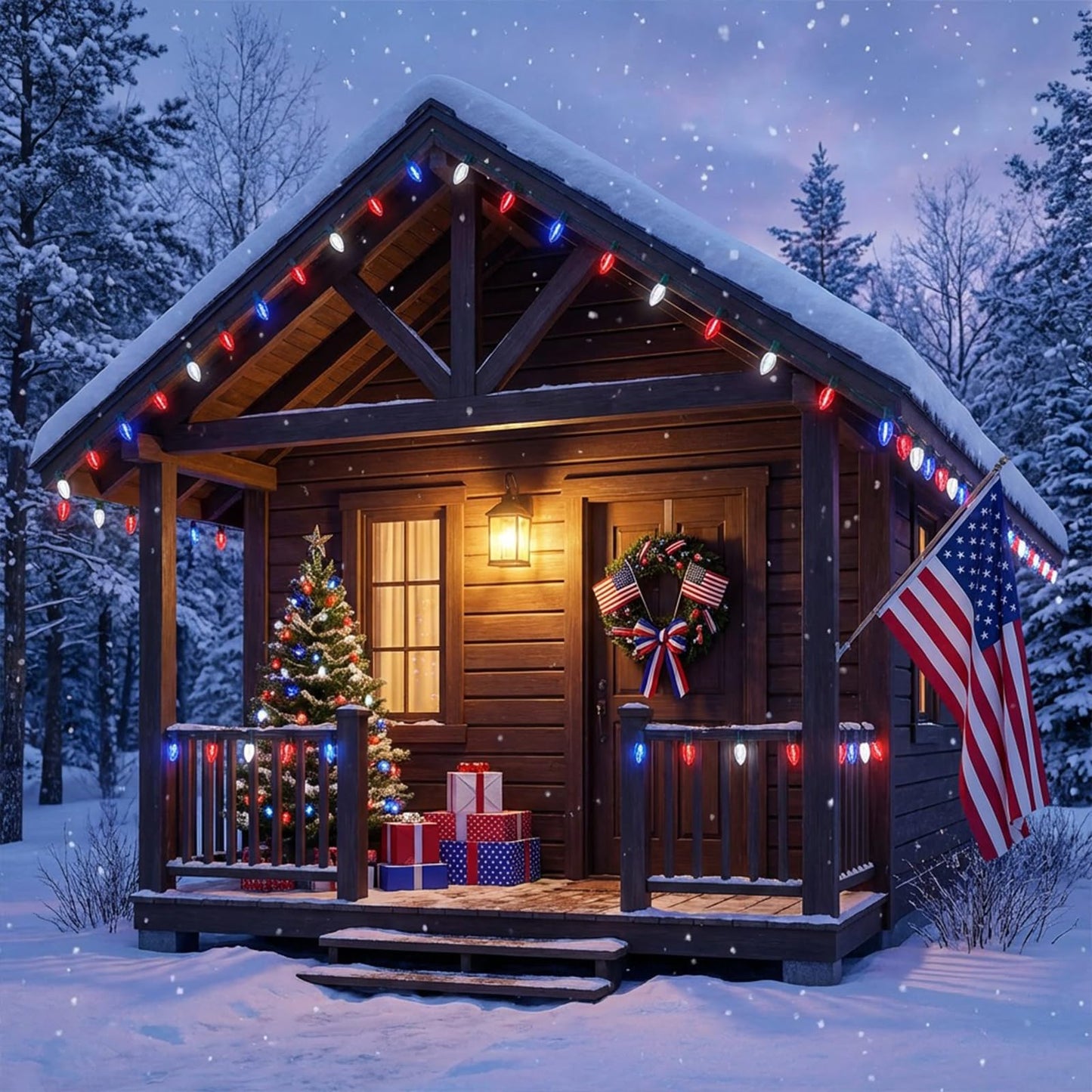 TWINGLEHOME 25 LED Transparent C9 String Lights with Green Wire, Multifunctional Modes Lighting (Red, White, Blue) for Nation Day