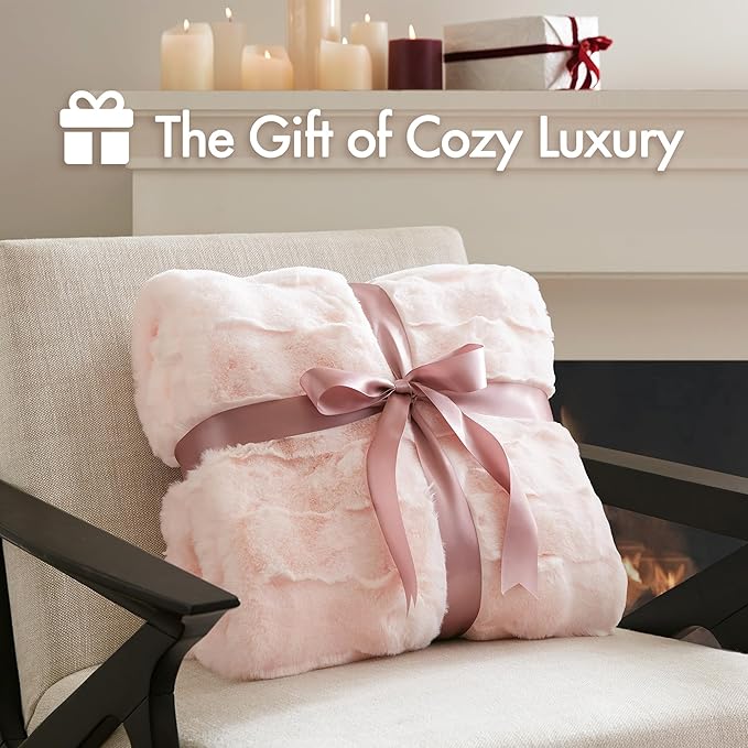 Madison Park Luxuriously Cozy Soft Long Faux Fur Basketweave Blanket, Reversible Soft & Snuggly Velvet Throw, Lightweight, Breathable, All Season, Trendy Room Décor, 50x60, Pink