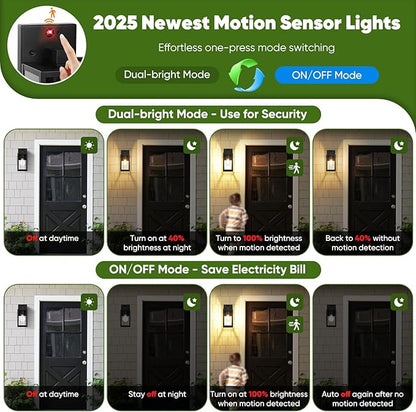 Upgraded Motion Sensor Outdoor Wall Light, 10.6” Small Dusk to Dawn Porch Light Wall Sconce Lantern, 3 Lighting Modes Exterior Lighting Fixture, Outside Light for House Front Door Garage, Black