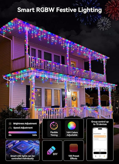Smart Icicle Lights for Outside - 33ft 304 LED Color Changing Icicle Christmas Lights Outdoor - APP Controller 50+Preset Modes 16M Color Customize DIY Dynamic Lighting Effect