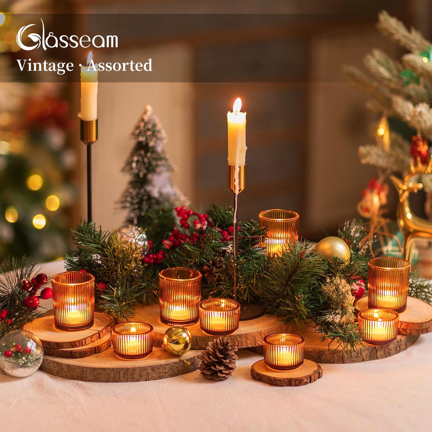 Glass Votive Tealight Candle Holder: Glasseam Amber Ribbed Tea Lights Candle Holder Bulk 24 Small Tea Candle Holder Fall Candle Holders for Table Centerpiece Thanksgiving Christmas Wedding Decor