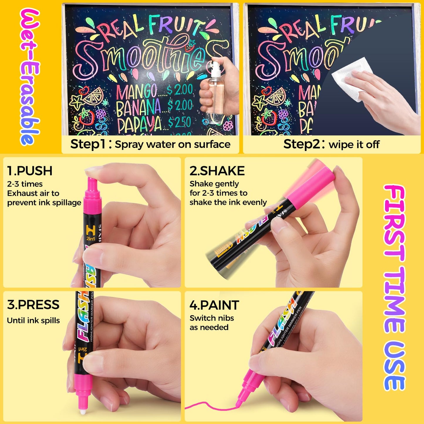 SFAIH Liquid Chalk Markers [1-Second Wet Wipe] No Residue - 6mm 30 Colors [Neon+Pastel+Metallic] Zero Dust Chalkboard Markers for Chalkboard Calendar, Glass, Window, Menus, Labels, Signs, Bistro