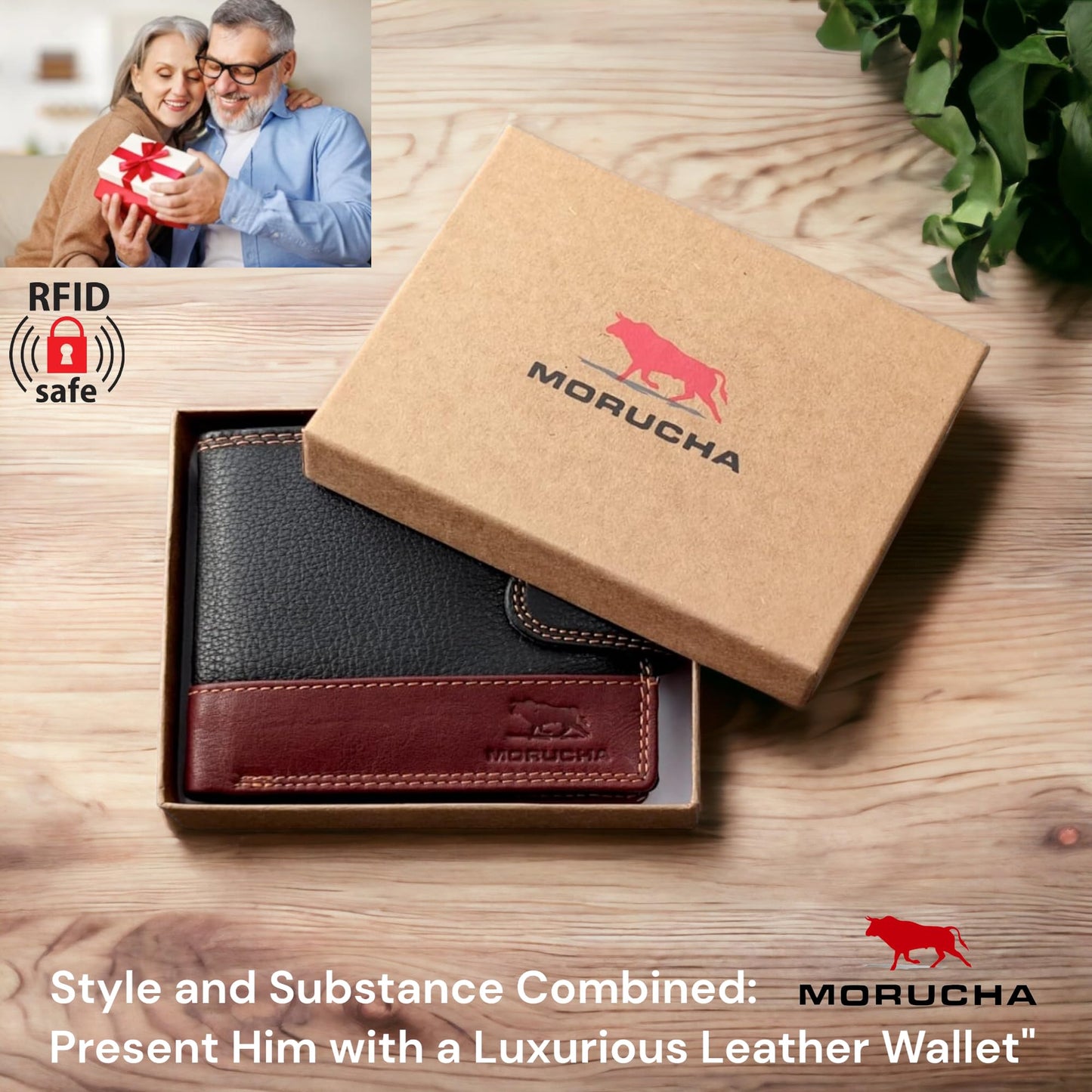 MORUCHA RFID Blocking Genuine Leather Wallet for Men – Slim Bifold Bull Leather Wallet with Coin Pocket, ID Window, 8 Card Slots – Premium Black/Brown Luxury Gift Box (Model #M75)