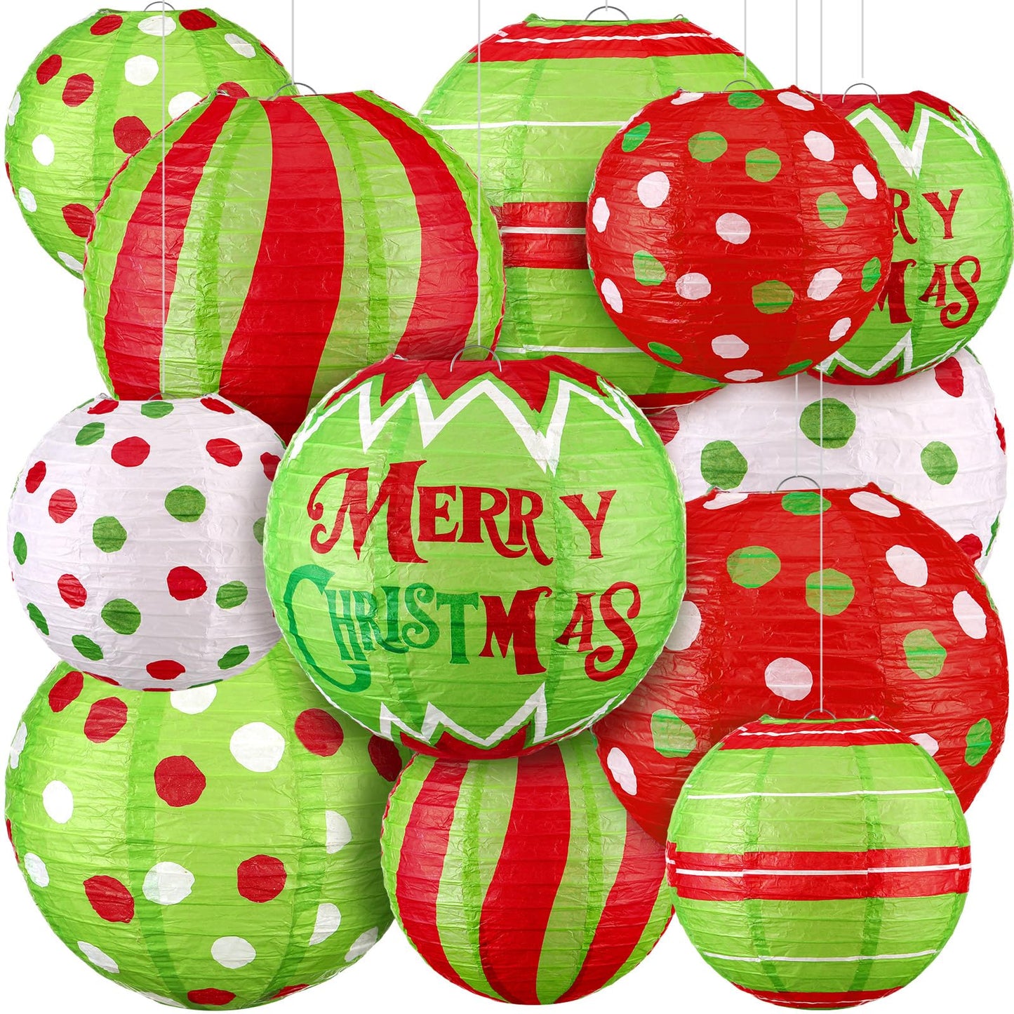 Glooglitter 18 Pcs Red Green Paper Lantern Round Christmas Paper Decorations Lime Green Hanging Balls Swirl Candy Cane Ceiling Hanging Decor for Holiday Party Xmas Home
