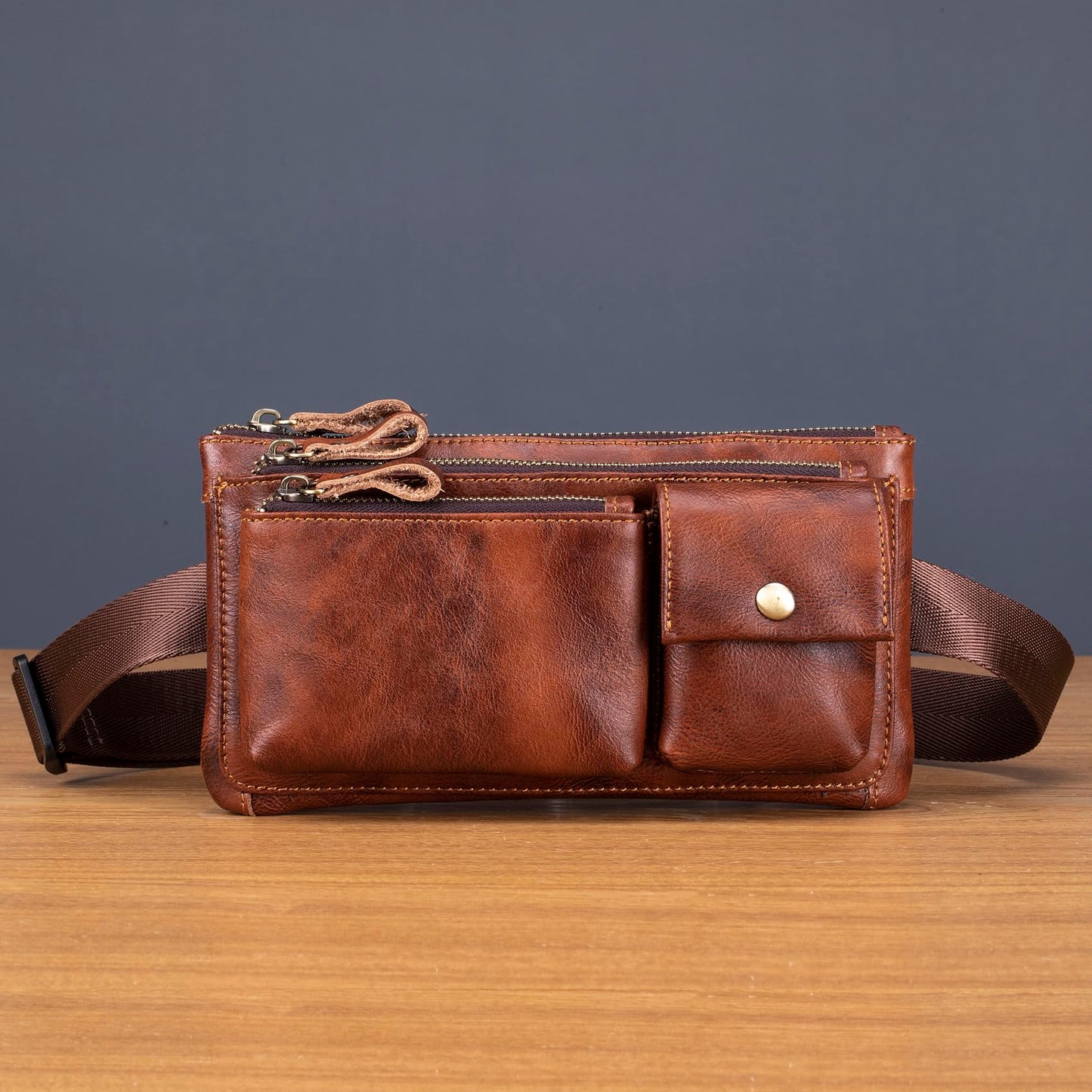 Myunxui Genuine Leather Fanny Pack Waist Bag for Men Women Clutch Bag Hip Bum Travel Pouch Sling Crossbody Chest Bags Shoulder Daypack Multiple Pockets Waist Pack Brown
