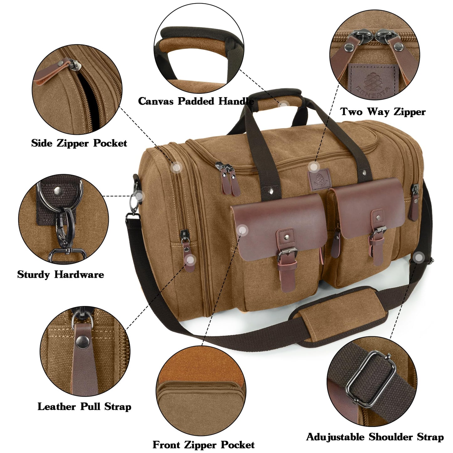 Densata Canvas Duffle Bag for Men 50L Travel Duffel Bags Expandable Genuine Leather Duffel Overnight Weekender Carry On Bag Two Zipper Pockets Travel Bag (Coffee, Large-50L)