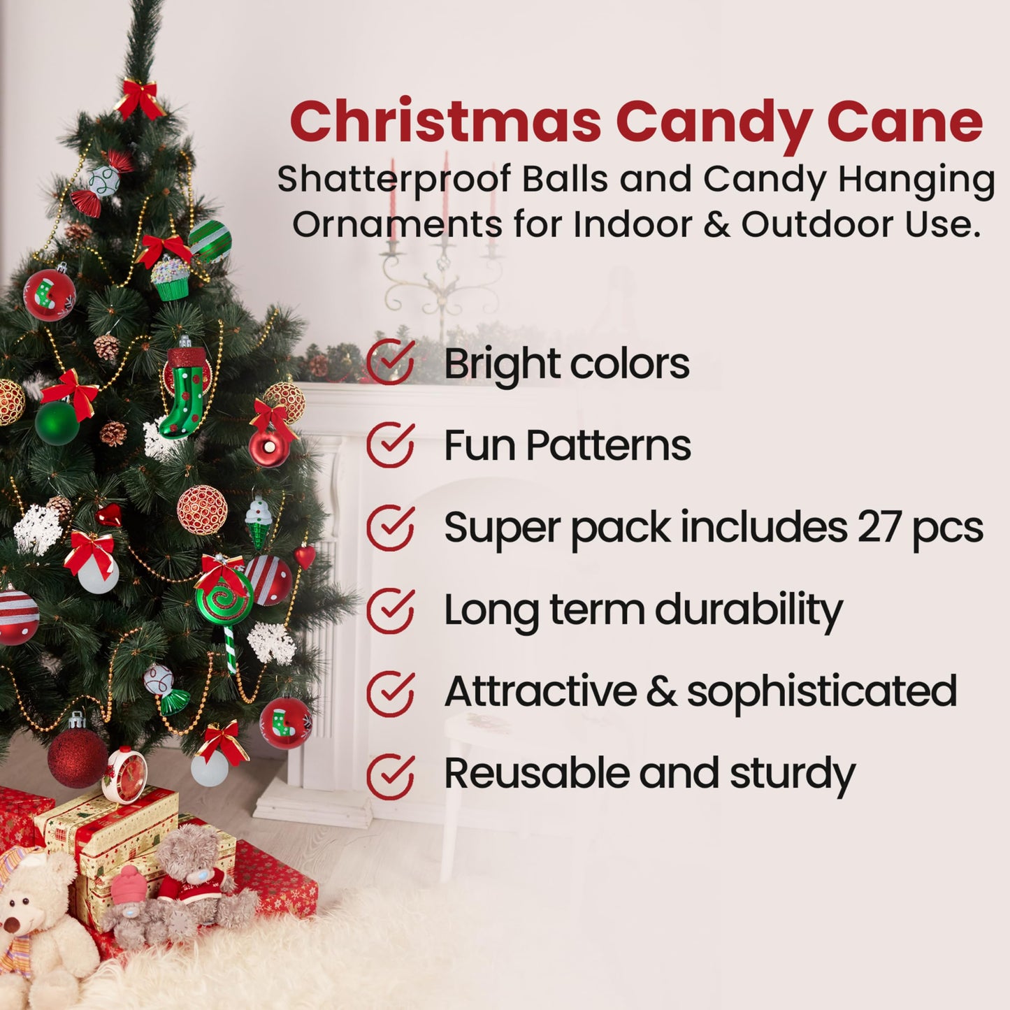 R N' D Toys Candycane Ornament Set – Christmas Candy Cane Shatterproof Balls and Hanging Ornaments for Indoor & Outdoor Christmas Xmas Tree, Holiday Party, Home Décor -82 Piece Set (Red Green & White)