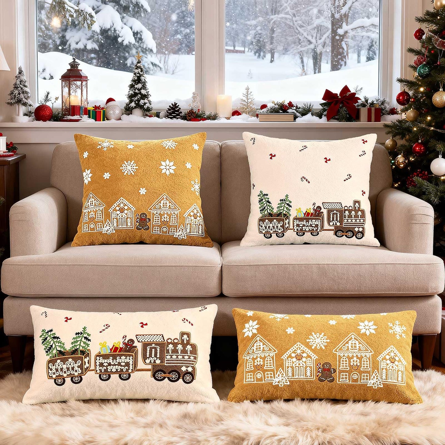Lanpn 18x18 Christmas Pillow Covers Set of 2, Embroidery Gingerbread Man House Decorative Holiday Pillowcase Pillow Case Cushion 18 x 18 for Indoor Home Bedroom Sofa Couch Xmas Decor
