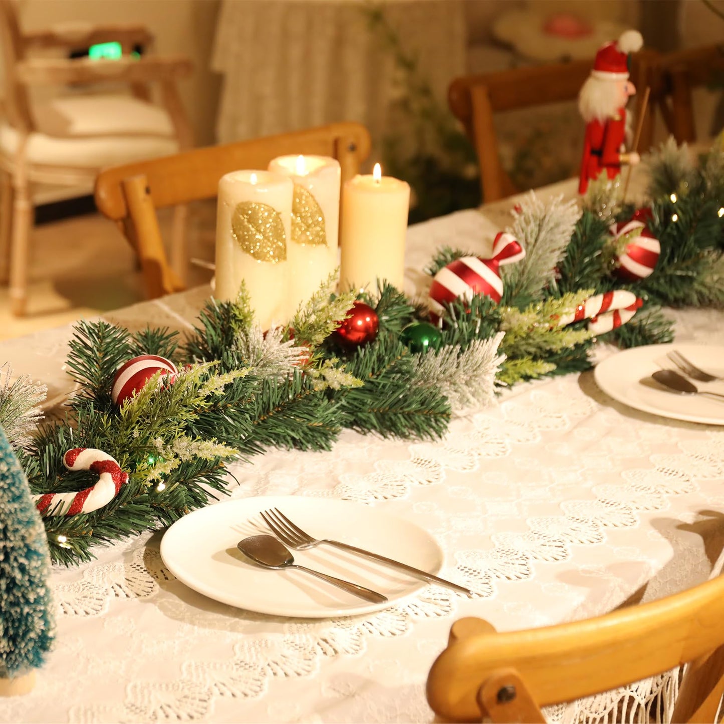 6 FT Christmas Garland with Lights, Prelit Wintry Pine Flocked Garlands with Candy Cane and Ball Ornaments, Battery Operated Artificial Christmas Garlands for Front Door Fireplace Mantle Decor