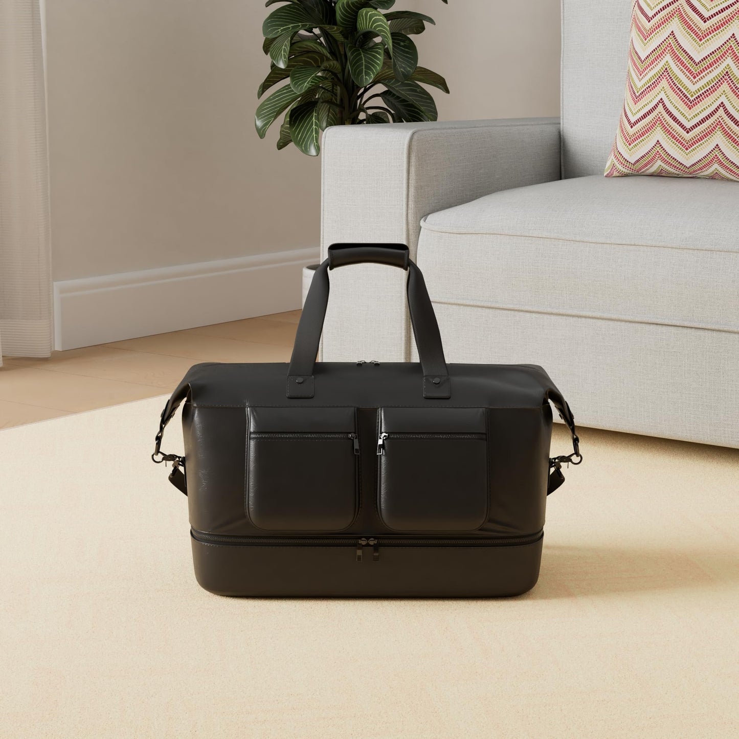Pu Leather Travel Duffle Bag, Overnight Weekender with Shoe Compartment - Large Gym Bag for Men & Women - Black