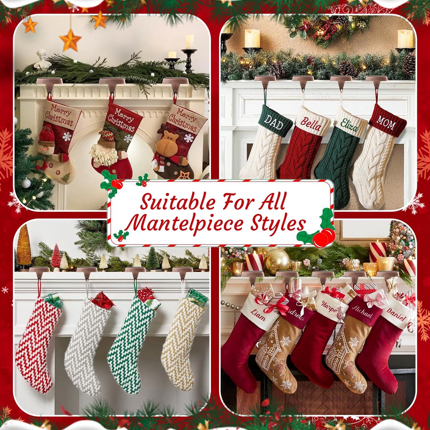 SINTENILL Christmas Stocking Holders for Mantle Set of 4, Heavy Weighted Metal Stocking Holders Hangers Low Profile Stocking Hooks Bases for Fireplace Table Xmas Holiday Party Decoration, Copper