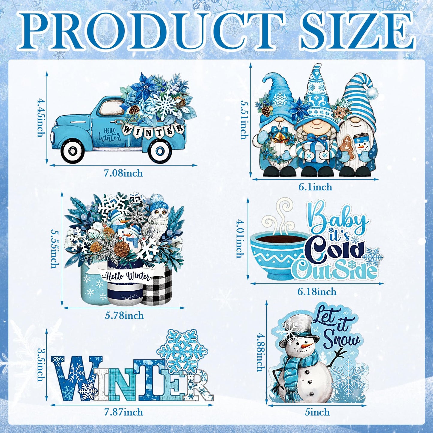 Wenqik 6 Pcs Winter Wooden Table Decorations Blue Wood Tabletop Sign Centerpiece Rustic Winter Snowflake Snowman Gnomes Decorations for Office Desk Farmhouse Home Kitchen Shelves Decorative