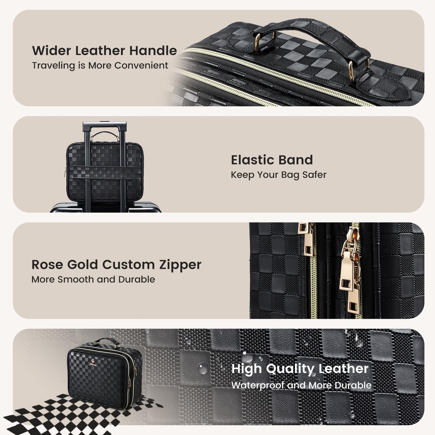 Makeup Bag with LED Lighted Mirror 12.2 IN Cosmetic Train Case Double Layer Makeup Case Adjustable Brightness in 3 Colors Cosmetic Organizer Artist Storage with Brush Holder Vanity Black Checkerboard