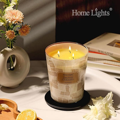 HomeLights Large jar Candle | 3-Wick Long-Lasting Scented Candles, 34oz Natural Soy Wax Candle for Home Scented, Rustic Modern Gifts for Women & Men, Salted Caramel