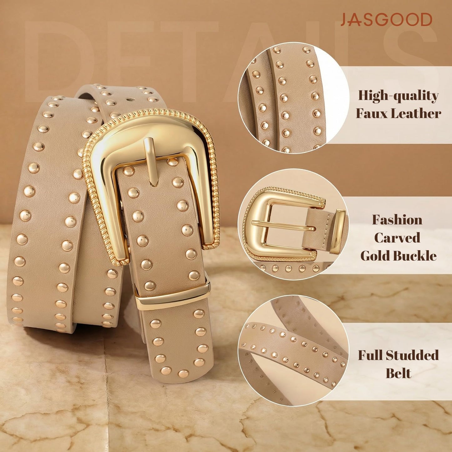 JASGOOD Women Western Belt with Gold Buckle Leather Wide Belts for Jeans Ladies Beige Punk Studded Waist Belts 1.1" Width