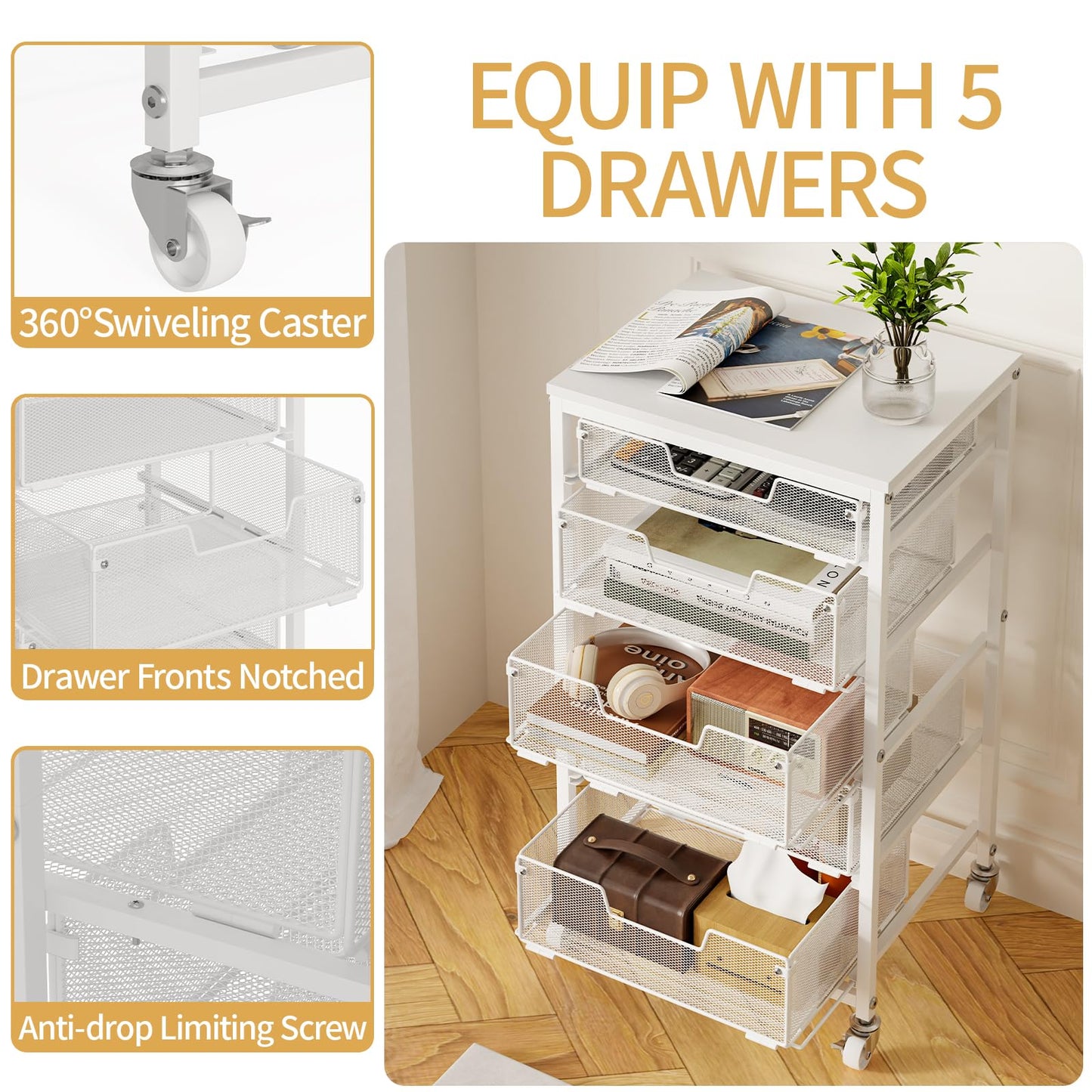 Sbanmao Utility Cart with 5 Drawers, Rolling Storage Cart with Wooden Tabletop and Lockable Wheels, Storage Drawer Cart with Drawers, Craft Cart for Bedroom, Classroom, Home, Office, White