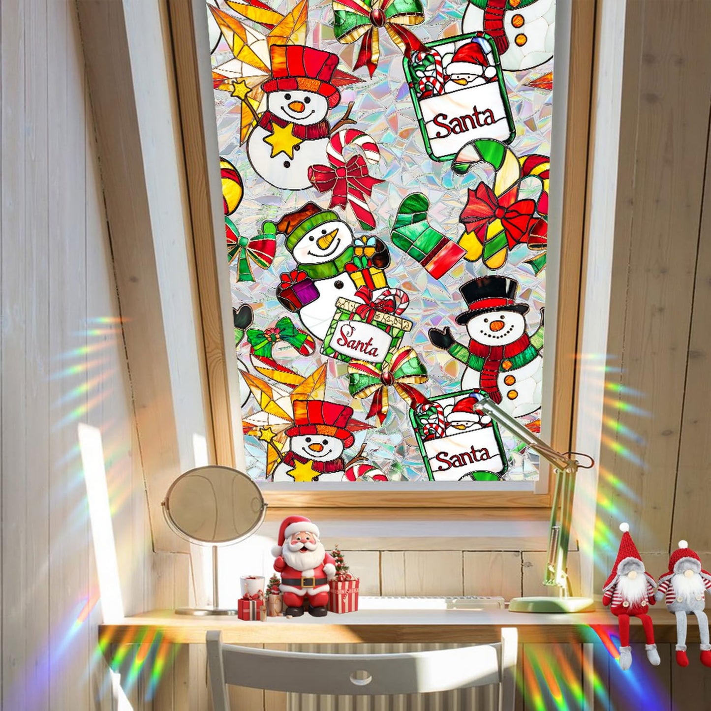 Christmas Stained Glass Window Cling Rainbow Tinted Window Film Privacy Stained Glass Window Decal Snowman Bow Candy Cane Windows Decals for Home School Xmas Party Decoration 17x 39.3 Inch