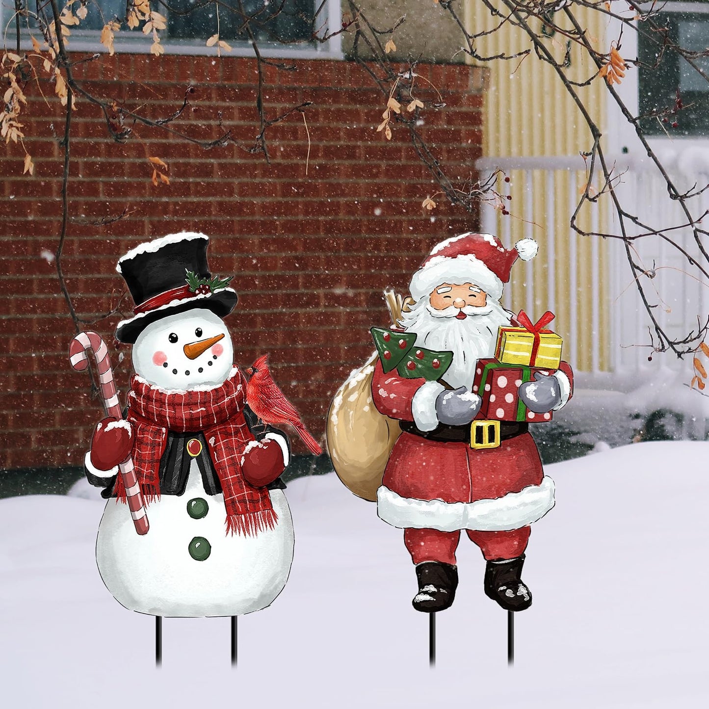 Christmas Decorations Outdoor, Snowman and Santa Claus Metal Yard Signs with Stakes, Xmas Winter Decorative Signs for Garden House Lawn Pathway Patio Outside