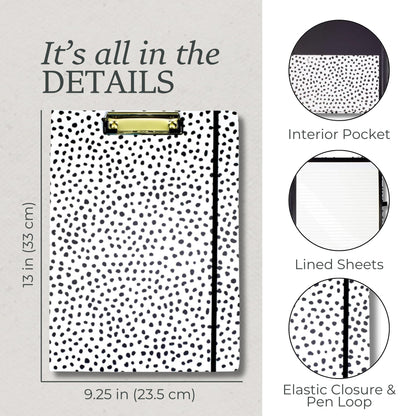 Steel Mill & Co Cute Clipboard Folio with Refillable Lined Notepad and Interior Storage Pocket, Black and White Padfolio for Work, Black Dots