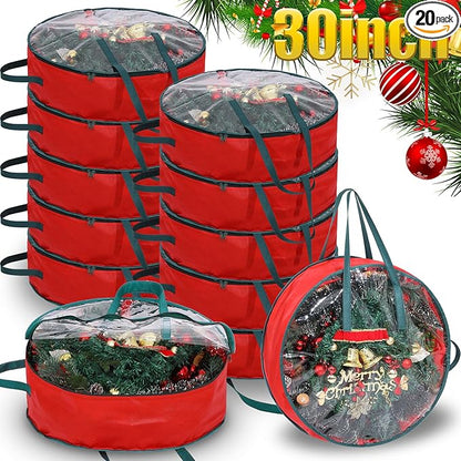 Shappy 20 Pcs Christmas Wreath Storage Bag Clear Wreath Box Storage Containers with Clear Window and Handle Christmas Garland Containers for Xmas Holiday Seasonal Bags (30inch)