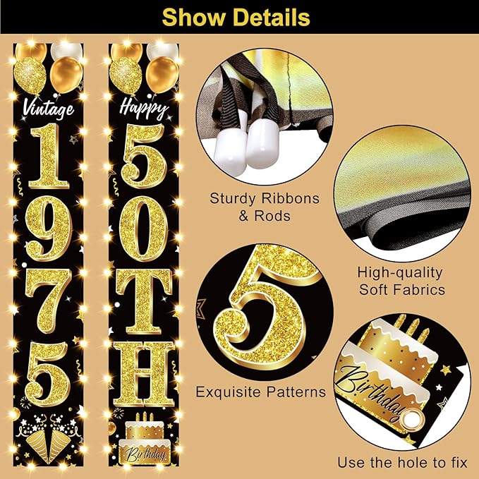 50th Birthday Party Banner Lighted Decorations for Men and Women - Black Gold Vintage 1975 50th Birthday Door Banners with LED Light, Fifty Years Birthday Party Supplies for Indoor Outdoor Decor