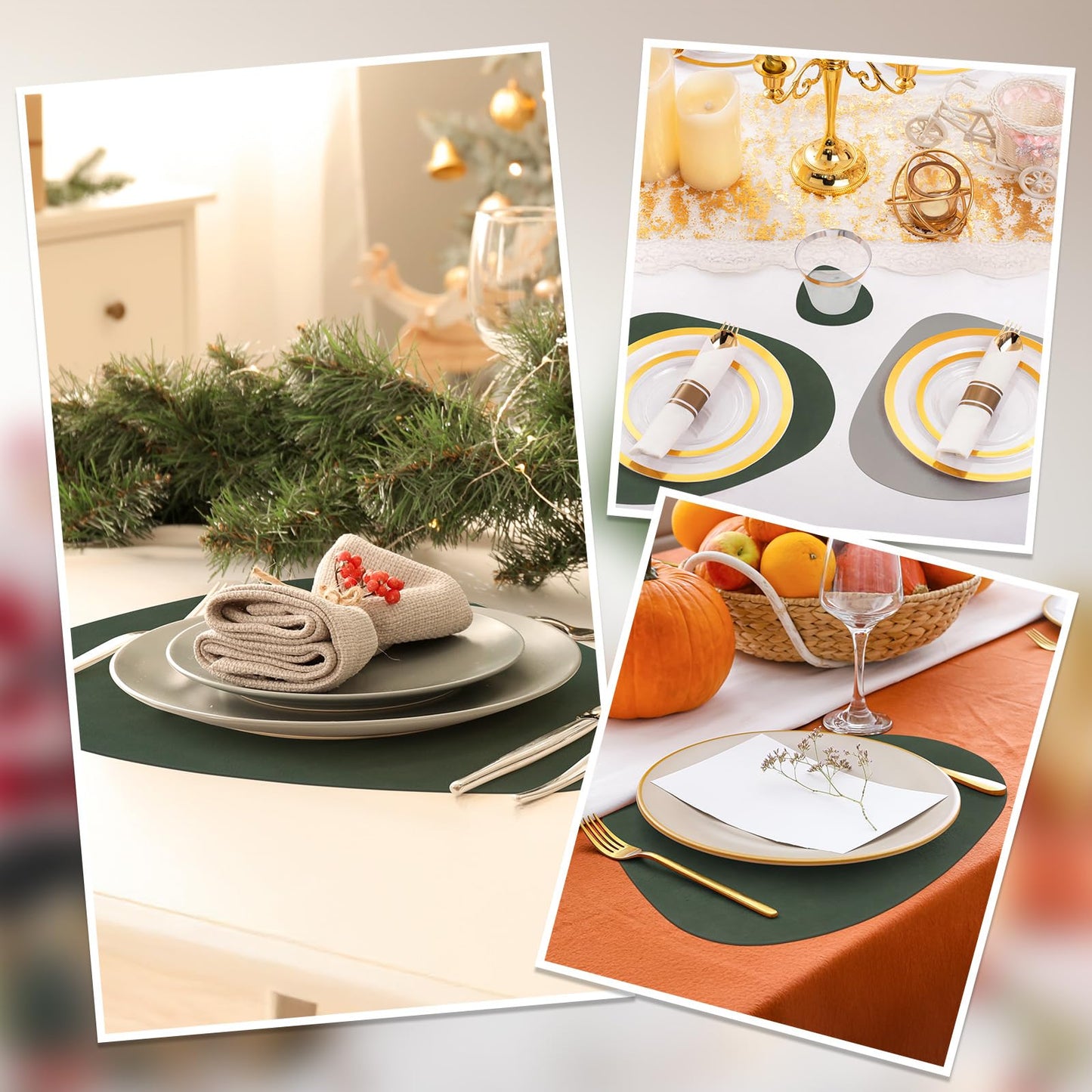 comfoyar Faux Leather Placemats with Coasters Set of 6, 13x16.5 Inch Non-Slip Dual-Sided Green Grey Place Mats, Washable Waterproof Table Mats for Indoor Kitchen Dining Party Table Decoration