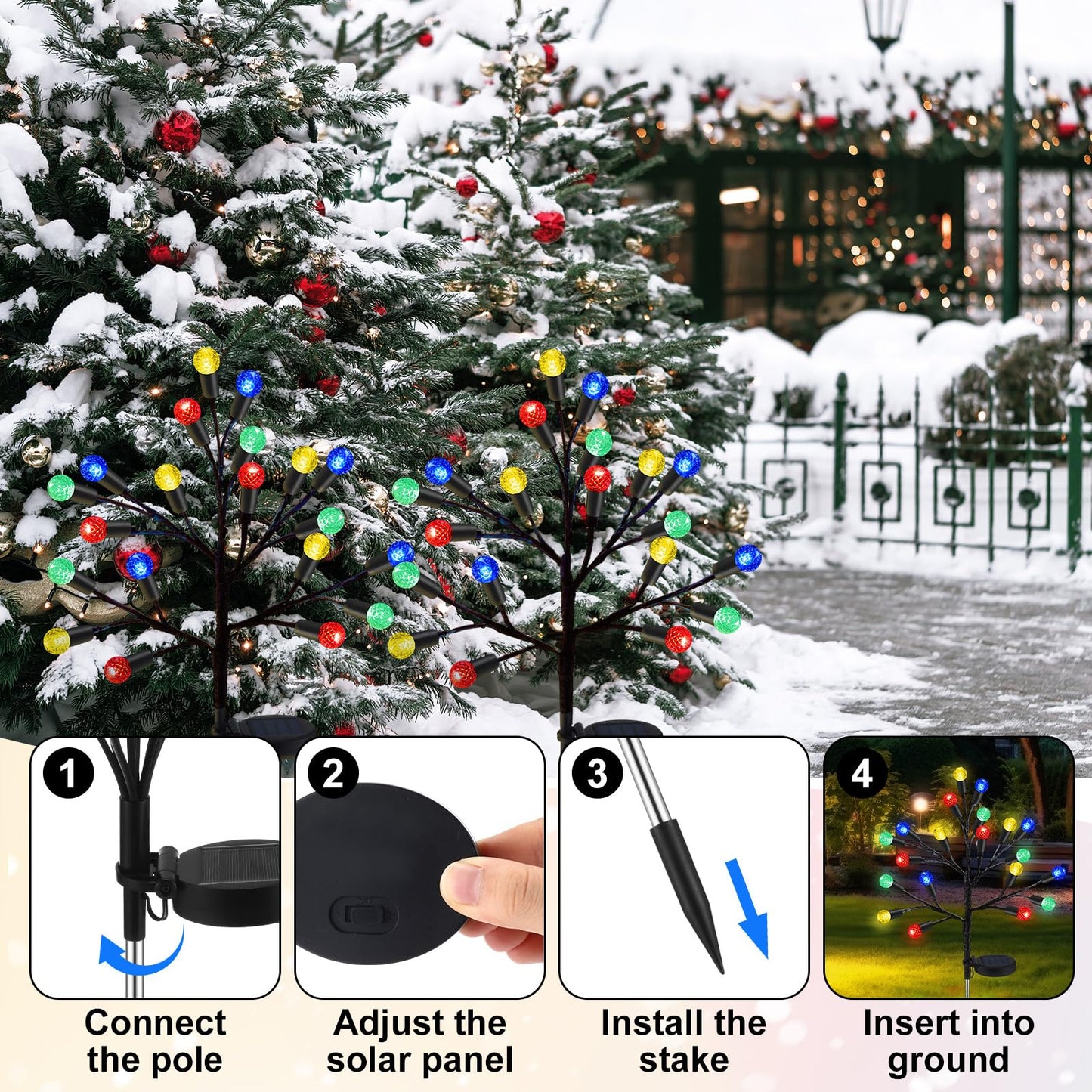 Glooglitter 2 Pcs 40 LED Christmas Solar Pathway Lights Outdoor Decoration 28" Christmas Yard Stake Light Waterproof Solar Xmas Decoration 8 Modes Pineapple Ball Tree for Walkway Path Garden Patio