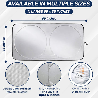 EcoNour Truck Windshield Sun Shade with Storage Pouch - Reflective 240T Material Truck Windshield Cover - Foldable Sun Shield UV Dashboard Protection from Sun Heat | X-Large (69 x 35 inches)