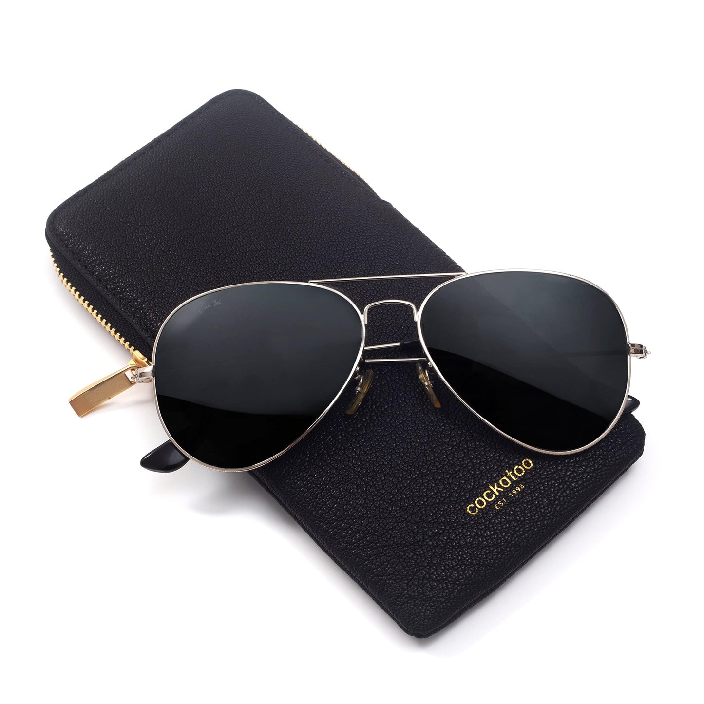Cockatoo Sunglasses Leather Soft Case Zipper Eyeglass Pouch for Women Men (BLACK)