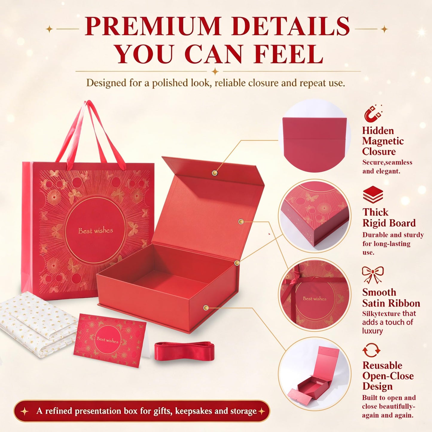 Amalee Gift Box with Lid 12x12x4 Inches, Large Red Magnetic Box Set with Gift Bag, Card, Ribbon & Tissue Paper, No Glue Needed Packaging for Bridesmaid Proposal, Wedding, Birthday Party