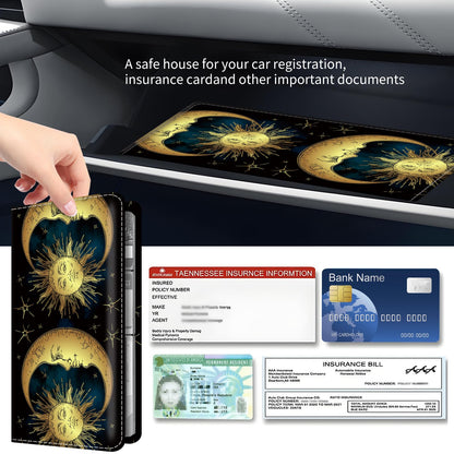 BAUCIWLD Premium Car Registration and Insurance Card Holder, Cute PU Leather Car Document Holder, Vehicle Glove Box Car Organizer with Magnetic Closure for Driver License, Cards Golden Sun and Moon