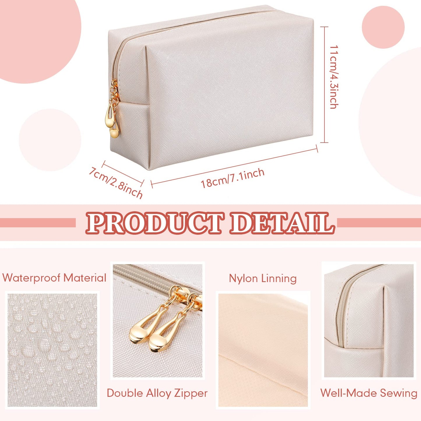 Kigeli Aesthetic Makeup Bags PU Leather Cosmetic Pouches Waterproof Plain Toiletry Bags Makeup Pouches Bulk for Women Party Gift Travel Storage Organizer(Ivory White,7.1 x 2.8 x 4.3 in)