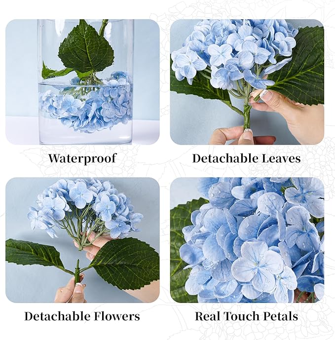 4 Pcs Blue Hydrangea Artificial Flowers 21" Real Touch Hydrangea Fake Flowers in Vase Latex Faux Hydrangea Flowers for Home Floral Arrangements Wedding Bouquets Kitchen Table Centerpiece Decoration