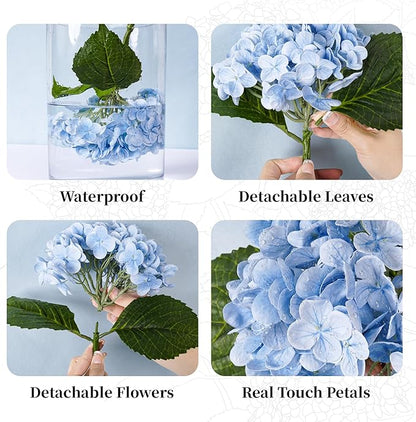 4 Pcs Blue Hydrangea Artificial Flowers 21" Real Touch Hydrangea Fake Flowers in Vase Latex Faux Hydrangea Flowers for Home Floral Arrangements Wedding Bouquets Kitchen Table Centerpiece Decoration