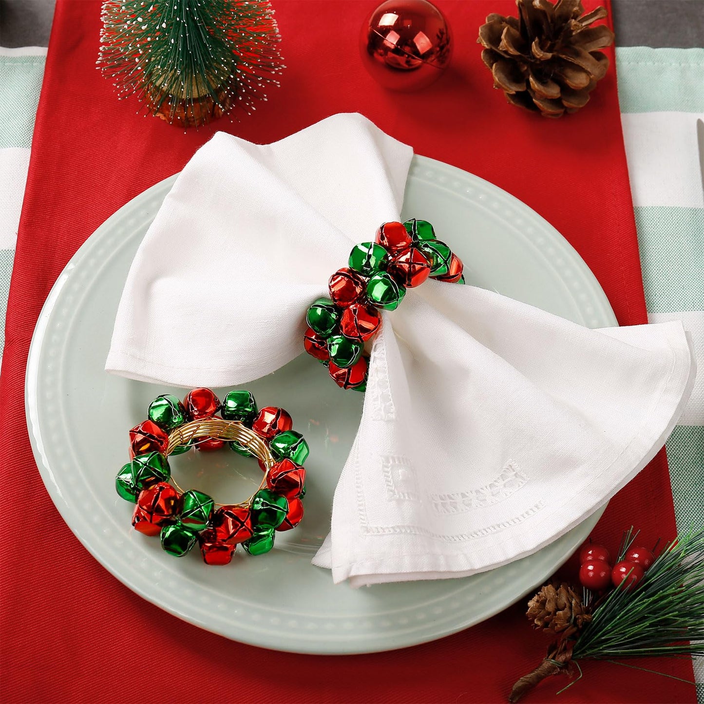 Getfitsoo Christmas Napkin Rings Set of 8, Bells Napkin Rings with Green and Red Bell Gold Buckles for Table Decor, Weddings, Parties