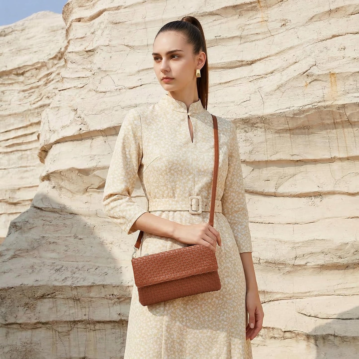 Woven Crossbody Bags for Women, Small Vegan Leather Handbags with Built-in Wallet, Slim Interlaced Shoulder Purse with Adjustable Strap