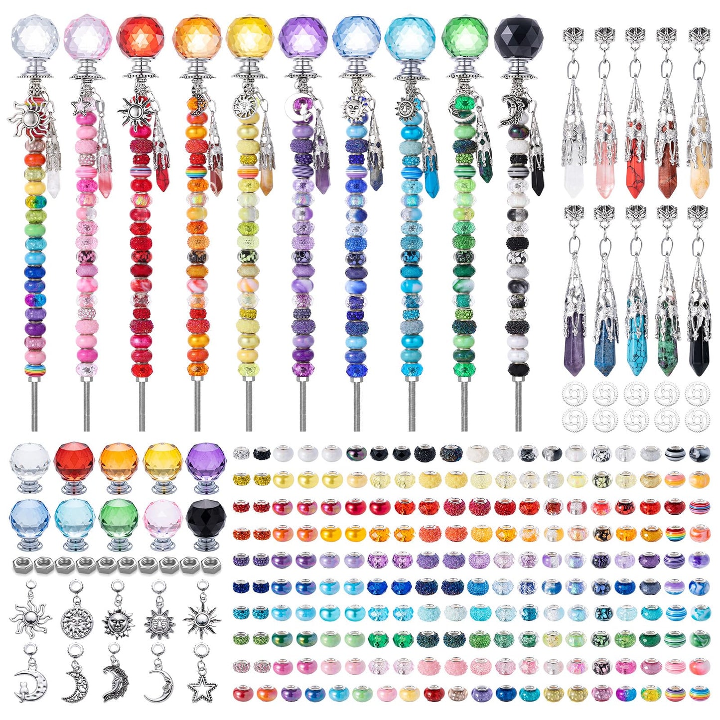 260 Pcs DIY Beaded Garden Stakes, Fairy Wand 10-Pack Garden Decorative Kit with Healing Crystal Pendant, 12in Threaded Rods, Crystal Diamond Tops, for Spring Garden Outdoor&Indoor Decorations
