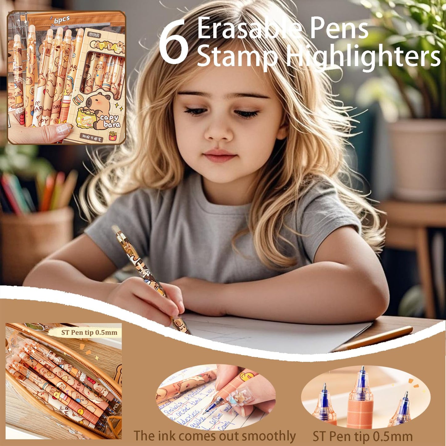 Cute Capybara Stationery Set - Large Pencil Case, 4 A5 Spiral Notebooks, 10 Ballpoint Pens (2 Styles), 12 Pencils, 2 Erasers - Perfect Back-to-School Essentials and Birthday Gift for Kids (Capybara)