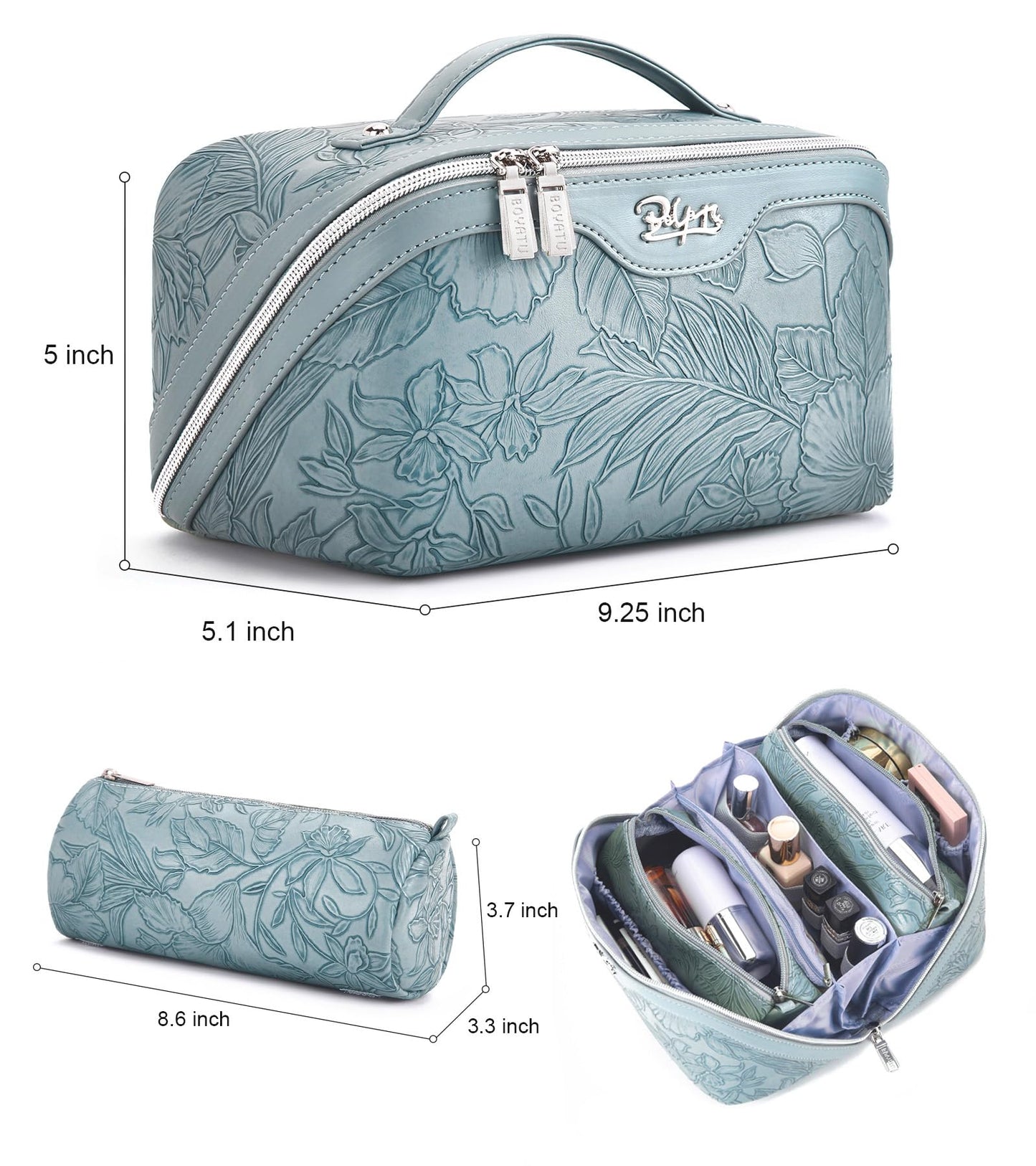 BOYATU Travel Makeup Bags Cosmetic Organizer Bag: 3 Pcs Set Large Capacity Floral Make up Bag with Compartments - Waterproof Leather Toiletry Bags with Handle for Women (01-Light Blue)