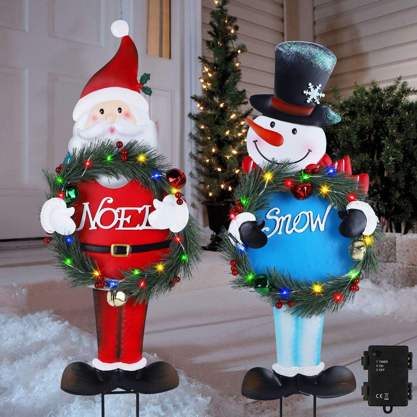 Stentec Lighted Christmas Decorations Outdoor, 2 Pack 30" Height Santa & Snowman Xmas Yard Signs Metal Garden Stakes with LED Lights, Battery Powered for Holiday New Year Winter Walkway Patio Lawn
