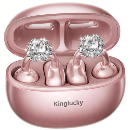 Kinglucky ClipFree Open-Ear Headphones with Diamond Earrings, Ultra-Comfort & Snug Fit Clip On Earbuds, 40H Playtime Bluetooth 5.4 Wireless Headphones for Women Sports,Glasses Gifts (Rose Gold)
